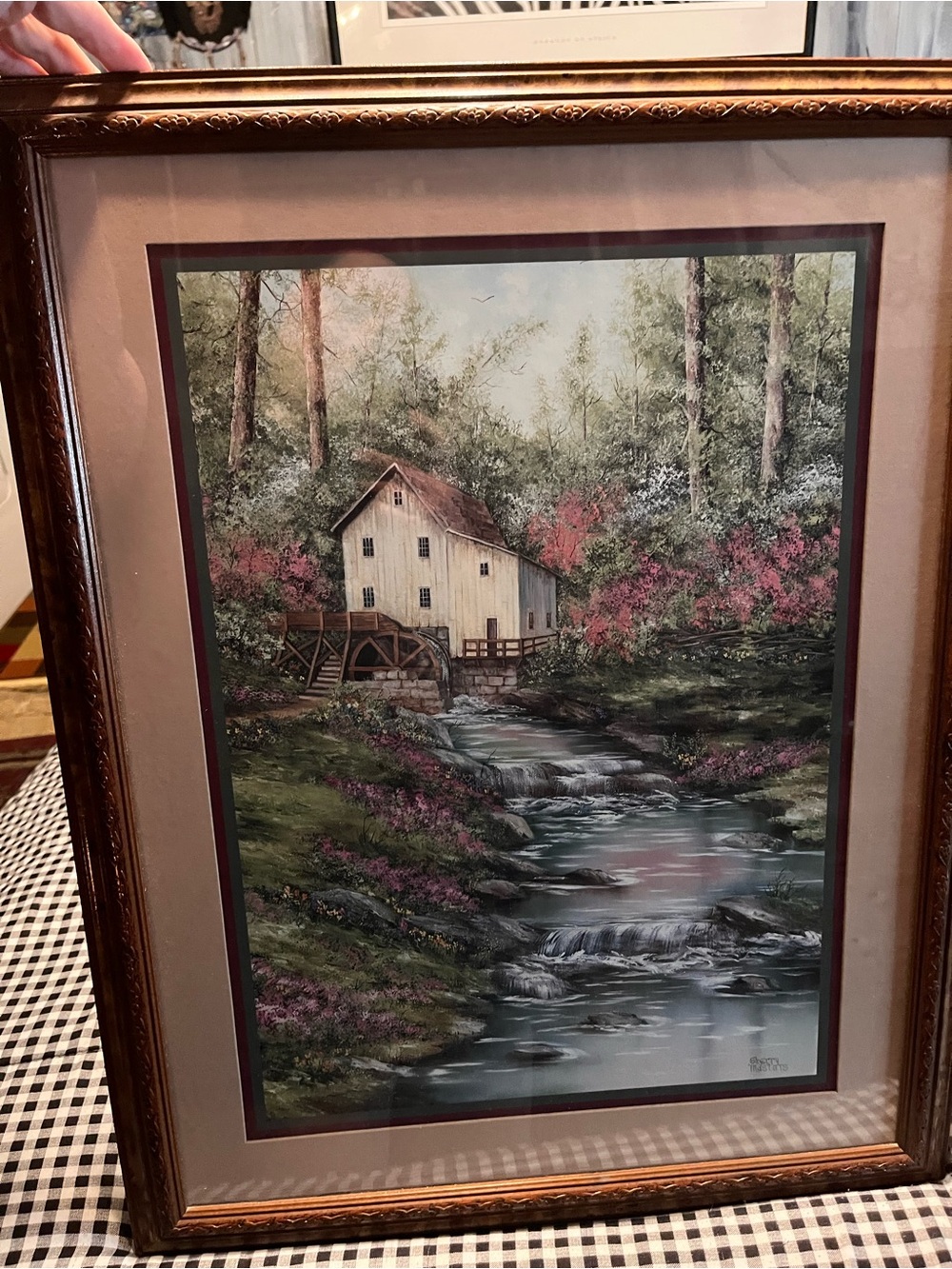 Home Interiors Framed Mill Stream Print in Cream, Green & Pink